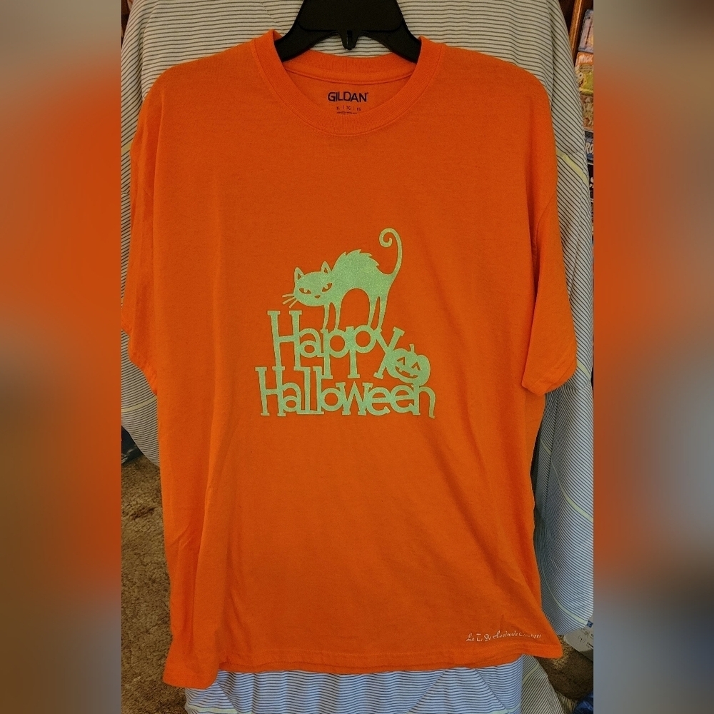 La Ti Da Handmade Creations Tee XL Happy Halloween Neon Green Glitter
